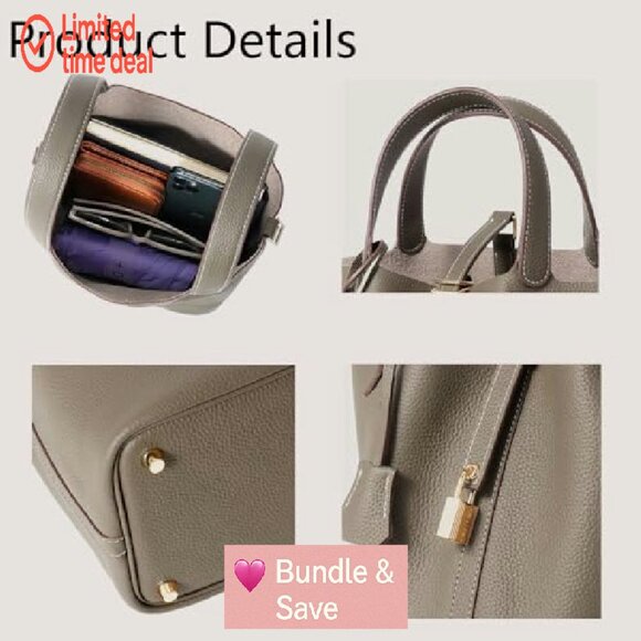 Genuine Leather Bucket Bag with Lock Design, Spacious Shoulder Satchel - Picture 6 of 8